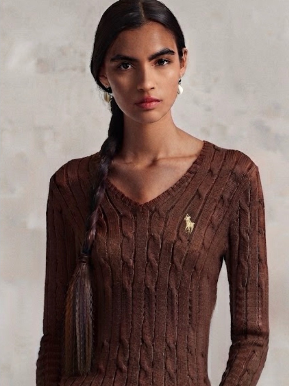 Ralph Lauren Brown cotton Cable V-Neck Sweater SP
